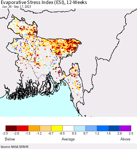 Bangladesh Evaporative Stress Index (ESI), 12-Weeks Thematic Map For 9/11/2023 - 9/17/2023