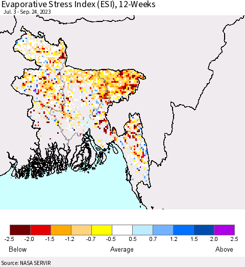 Bangladesh Evaporative Stress Index (ESI), 12-Weeks Thematic Map For 9/18/2023 - 9/24/2023