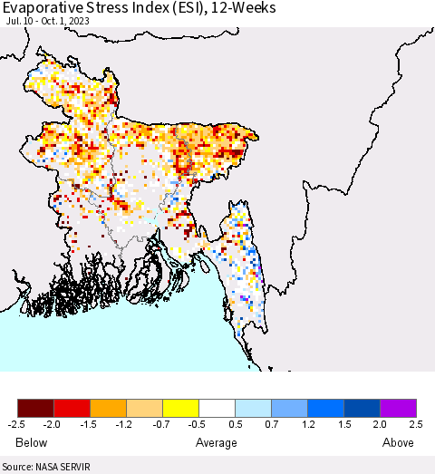 Bangladesh Evaporative Stress Index (ESI), 12-Weeks Thematic Map For 9/25/2023 - 10/1/2023