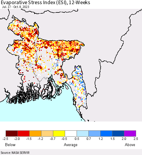 Bangladesh Evaporative Stress Index (ESI), 12-Weeks Thematic Map For 10/2/2023 - 10/8/2023