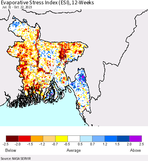 Bangladesh Evaporative Stress Index (ESI), 12-Weeks Thematic Map For 10/16/2023 - 10/22/2023