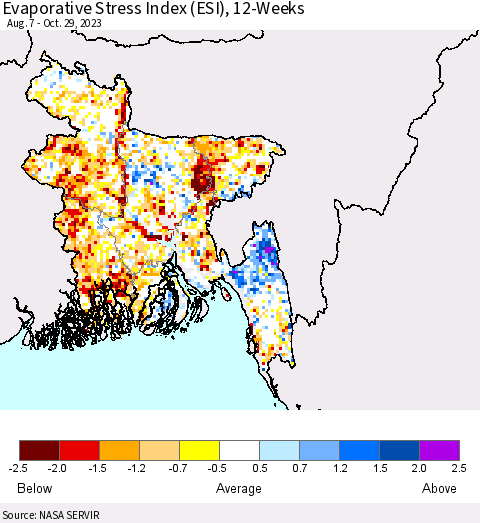 Bangladesh Evaporative Stress Index (ESI), 12-Weeks Thematic Map For 10/23/2023 - 10/29/2023