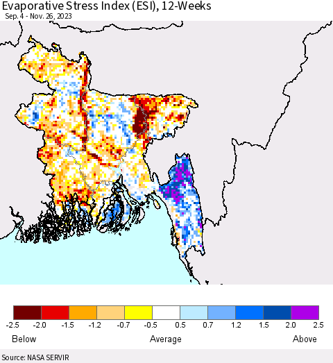 Bangladesh Evaporative Stress Index (ESI), 12-Weeks Thematic Map For 11/20/2023 - 11/26/2023