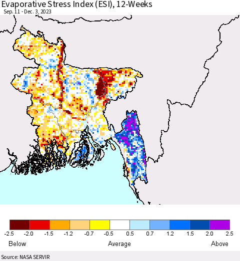 Bangladesh Evaporative Stress Index (ESI), 12-Weeks Thematic Map For 11/27/2023 - 12/3/2023