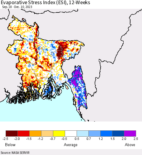 Bangladesh Evaporative Stress Index (ESI), 12-Weeks Thematic Map For 12/4/2023 - 12/10/2023