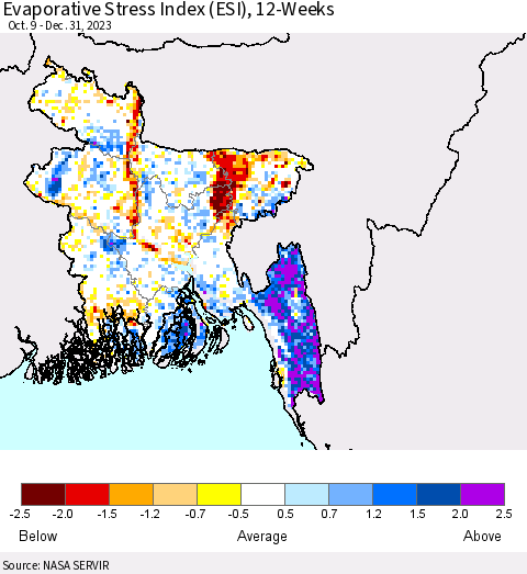 Bangladesh Evaporative Stress Index (ESI), 12-Weeks Thematic Map For 12/25/2023 - 12/31/2023