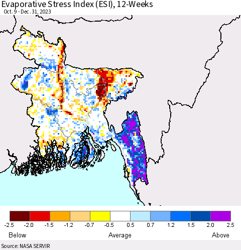Bangladesh Evaporative Stress Index (ESI), 12-Weeks Thematic Map For 1/1/2024 - 1/7/2024