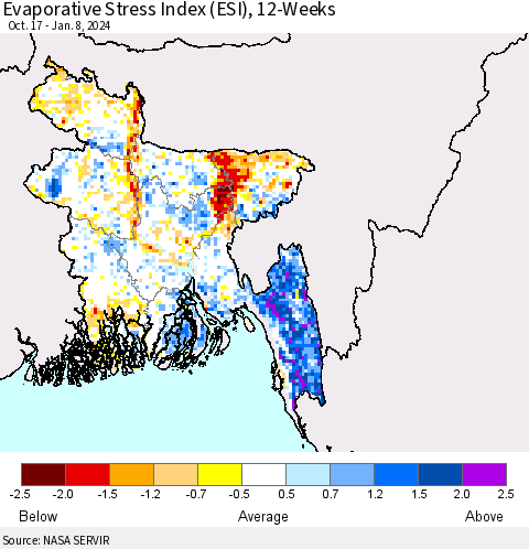 Bangladesh Evaporative Stress Index (ESI), 12-Weeks Thematic Map For 1/8/2024 - 1/14/2024