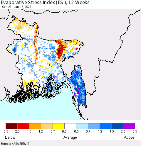 Bangladesh Evaporative Stress Index (ESI), 12-Weeks Thematic Map For 1/15/2024 - 1/21/2024
