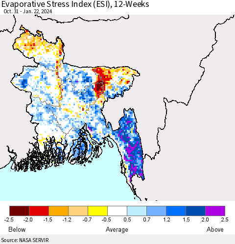 Bangladesh Evaporative Stress Index (ESI), 12-Weeks Thematic Map For 1/22/2024 - 1/28/2024