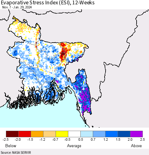Bangladesh Evaporative Stress Index (ESI), 12-Weeks Thematic Map For 1/29/2024 - 2/4/2024