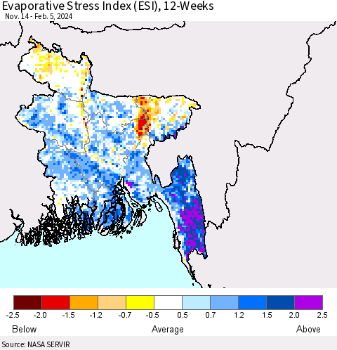 Bangladesh Evaporative Stress Index (ESI), 12-Weeks Thematic Map For 2/5/2024 - 2/11/2024