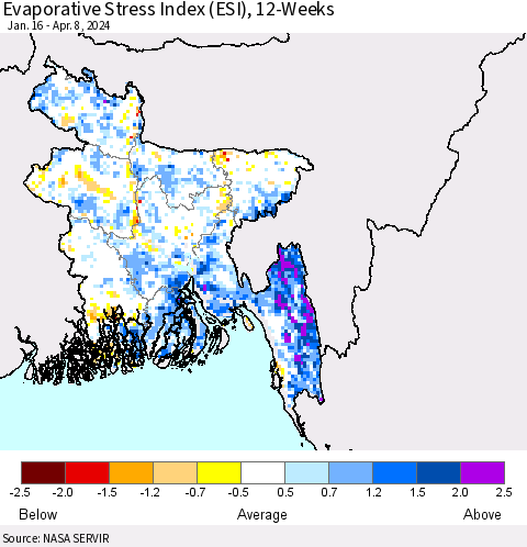 Bangladesh Evaporative Stress Index (ESI), 12-Weeks Thematic Map For 4/8/2024 - 4/14/2024