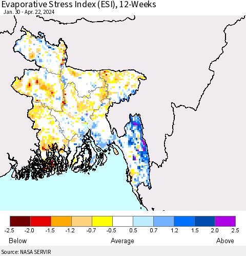 Bangladesh Evaporative Stress Index (ESI), 12-Weeks Thematic Map For 4/22/2024 - 4/28/2024