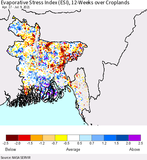 Bangladesh Evaporative Stress Index (ESI), 12-Weeks over Croplands Thematic Map For 7/5/2021 - 7/11/2021