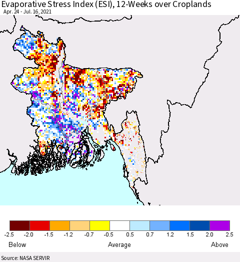 Bangladesh Evaporative Stress Index (ESI), 12-Weeks over Croplands Thematic Map For 7/12/2021 - 7/18/2021