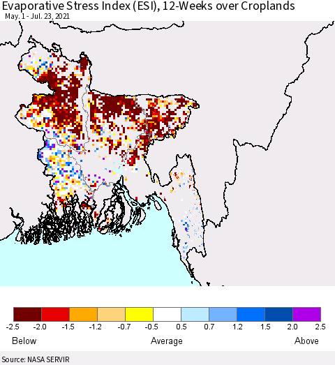 Bangladesh Evaporative Stress Index (ESI), 12-Weeks over Croplands Thematic Map For 7/19/2021 - 7/25/2021