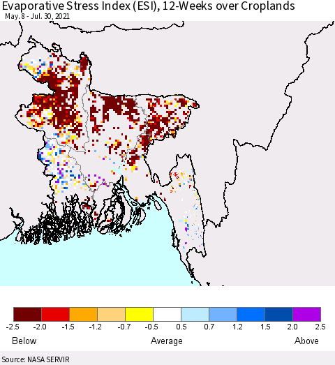 Bangladesh Evaporative Stress Index (ESI), 12-Weeks over Croplands Thematic Map For 7/26/2021 - 8/1/2021