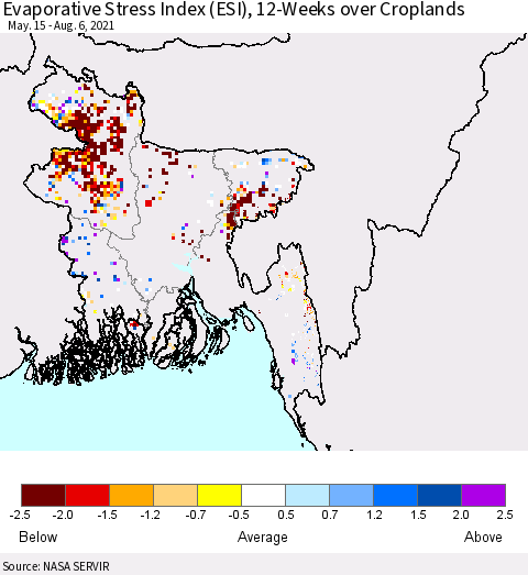 Bangladesh Evaporative Stress Index (ESI), 12-Weeks over Croplands Thematic Map For 8/2/2021 - 8/8/2021