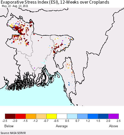 Bangladesh Evaporative Stress Index (ESI), 12-Weeks over Croplands Thematic Map For 8/9/2021 - 8/15/2021