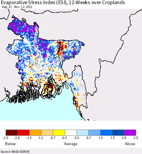 Bangladesh Evaporative Stress Index (ESI), 12-Weeks over Croplands Thematic Map For 11/8/2021 - 11/14/2021