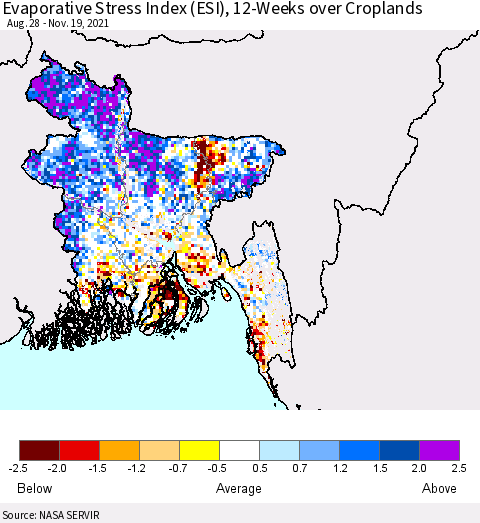 Bangladesh Evaporative Stress Index (ESI), 12-Weeks over Croplands Thematic Map For 11/15/2021 - 11/21/2021