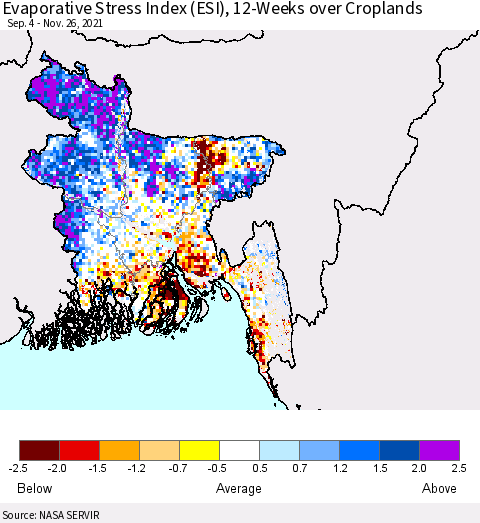 Bangladesh Evaporative Stress Index (ESI), 12-Weeks over Croplands Thematic Map For 11/22/2021 - 11/28/2021