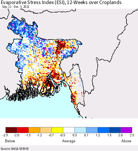 Bangladesh Evaporative Stress Index (ESI), 12-Weeks over Croplands Thematic Map For 11/29/2021 - 12/5/2021