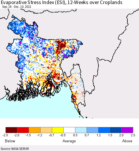 Bangladesh Evaporative Stress Index (ESI), 12-Weeks over Croplands Thematic Map For 12/6/2021 - 12/12/2021