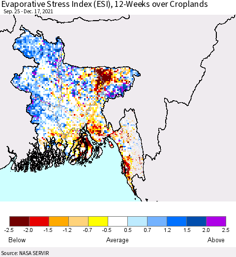 Bangladesh Evaporative Stress Index (ESI), 12-Weeks over Croplands Thematic Map For 12/13/2021 - 12/19/2021