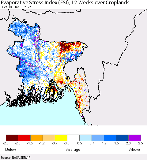 Bangladesh Evaporative Stress Index (ESI), 12-Weeks over Croplands Thematic Map For 12/27/2021 - 1/2/2022