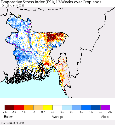 Bangladesh Evaporative Stress Index (ESI), 12-Weeks over Croplands Thematic Map For 1/3/2022 - 1/9/2022