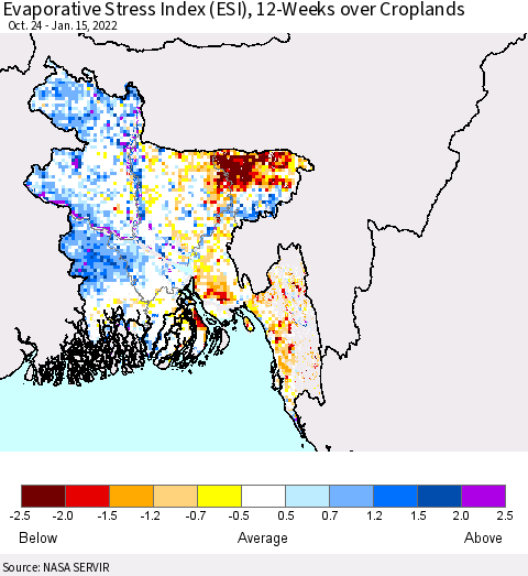 Bangladesh Evaporative Stress Index (ESI), 12-Weeks over Croplands Thematic Map For 1/10/2022 - 1/16/2022
