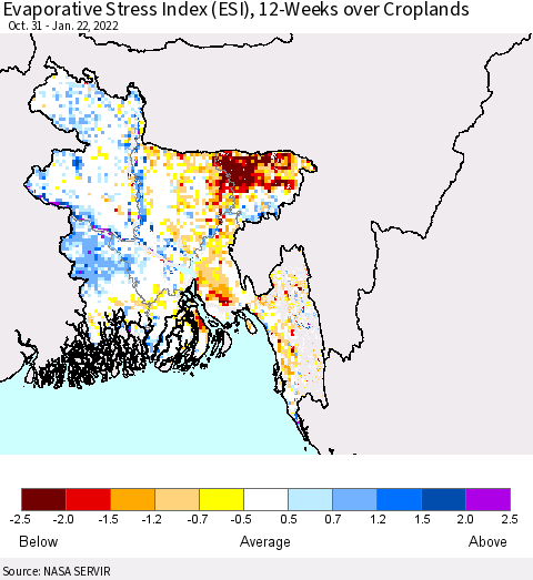 Bangladesh Evaporative Stress Index (ESI), 12-Weeks over Croplands Thematic Map For 1/17/2022 - 1/23/2022