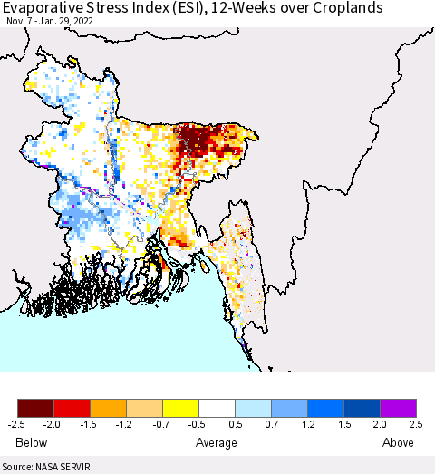Bangladesh Evaporative Stress Index (ESI), 12-Weeks over Croplands Thematic Map For 1/24/2022 - 1/30/2022