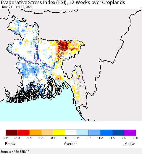 Bangladesh Evaporative Stress Index (ESI), 12-Weeks over Croplands Thematic Map For 2/7/2022 - 2/13/2022