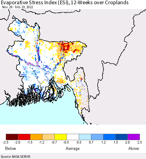 Bangladesh Evaporative Stress Index (ESI), 12-Weeks over Croplands Thematic Map For 2/14/2022 - 2/20/2022