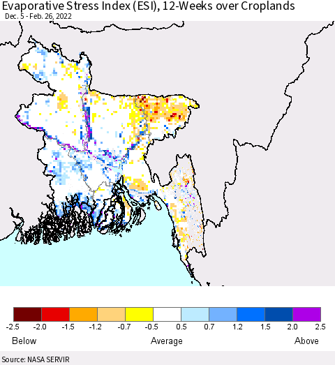 Bangladesh Evaporative Stress Index (ESI), 12-Weeks over Croplands Thematic Map For 2/21/2022 - 2/27/2022