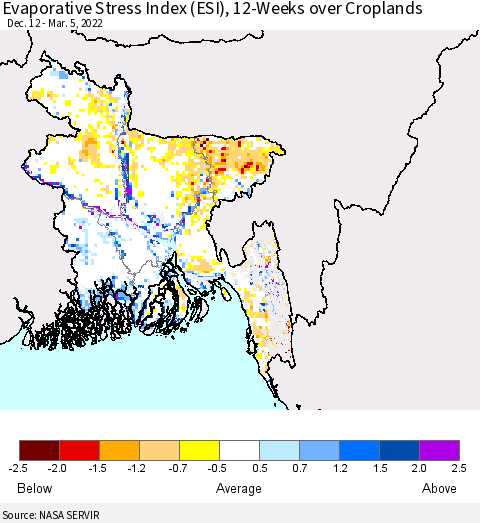 Bangladesh Evaporative Stress Index (ESI), 12-Weeks over Croplands Thematic Map For 2/28/2022 - 3/6/2022