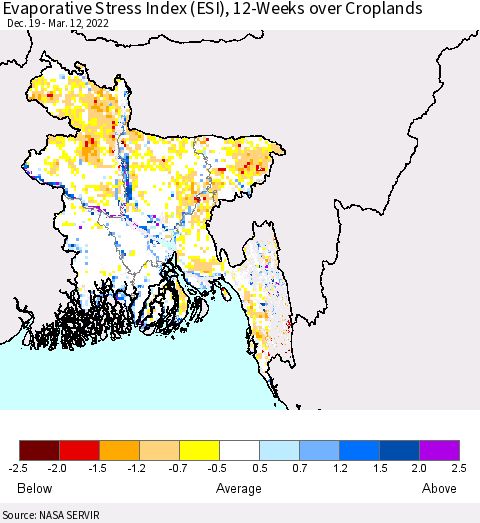 Bangladesh Evaporative Stress Index (ESI), 12-Weeks over Croplands Thematic Map For 3/7/2022 - 3/13/2022