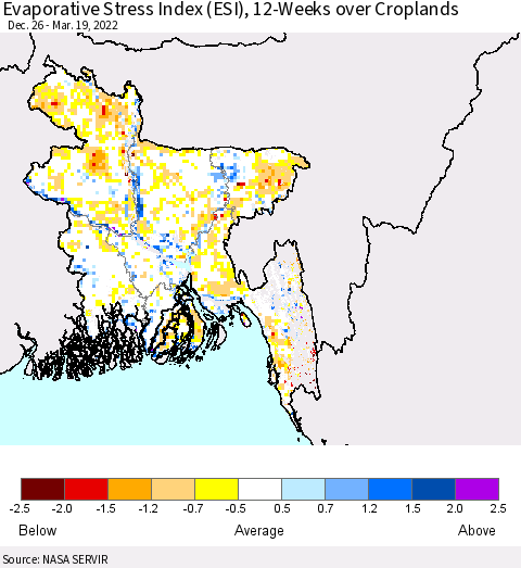 Bangladesh Evaporative Stress Index (ESI), 12-Weeks over Croplands Thematic Map For 3/14/2022 - 3/20/2022