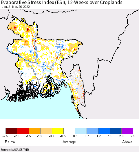 Bangladesh Evaporative Stress Index (ESI), 12-Weeks over Croplands Thematic Map For 3/21/2022 - 3/27/2022