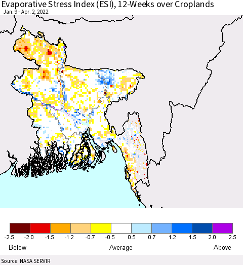 Bangladesh Evaporative Stress Index (ESI), 12-Weeks over Croplands Thematic Map For 3/28/2022 - 4/3/2022