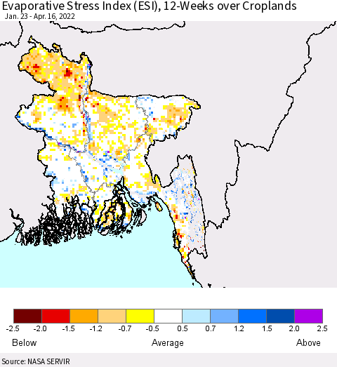 Bangladesh Evaporative Stress Index (ESI), 12-Weeks over Croplands Thematic Map For 4/11/2022 - 4/17/2022
