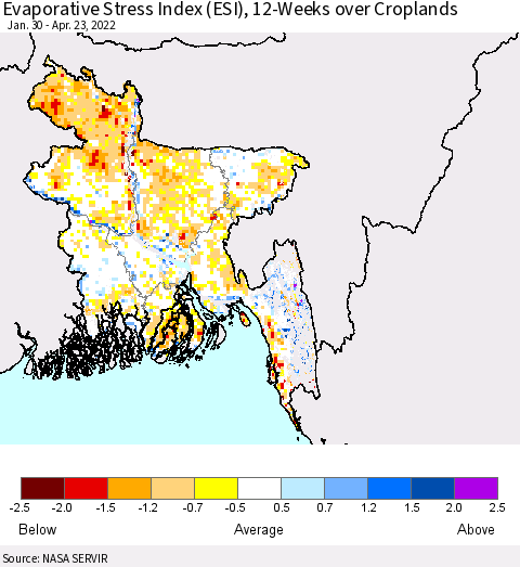 Bangladesh Evaporative Stress Index (ESI), 12-Weeks over Croplands Thematic Map For 4/18/2022 - 4/24/2022