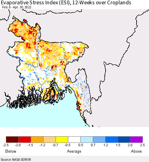 Bangladesh Evaporative Stress Index (ESI), 12-Weeks over Croplands Thematic Map For 4/25/2022 - 5/1/2022