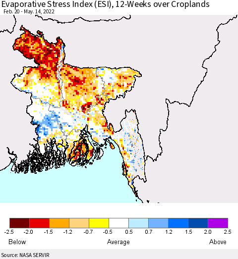 Bangladesh Evaporative Stress Index (ESI), 12-Weeks over Croplands Thematic Map For 5/9/2022 - 5/15/2022