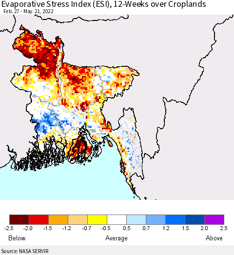 Bangladesh Evaporative Stress Index (ESI), 12-Weeks over Croplands Thematic Map For 5/16/2022 - 5/22/2022