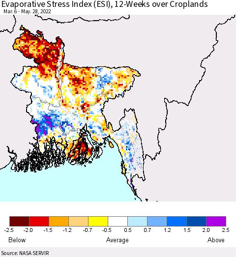 Bangladesh Evaporative Stress Index (ESI), 12-Weeks over Croplands Thematic Map For 5/23/2022 - 5/29/2022
