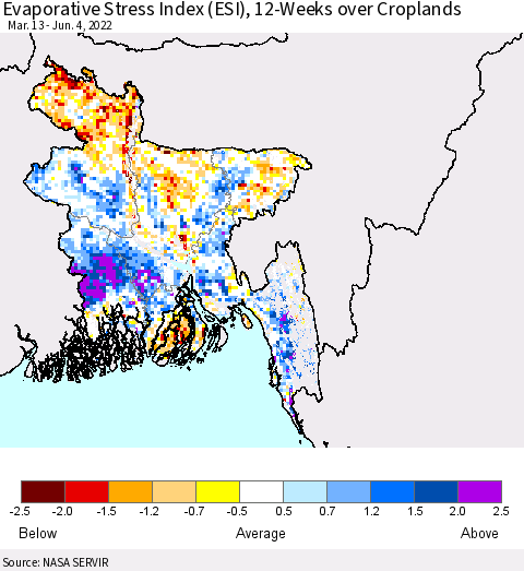 Bangladesh Evaporative Stress Index (ESI), 12-Weeks over Croplands Thematic Map For 5/30/2022 - 6/5/2022